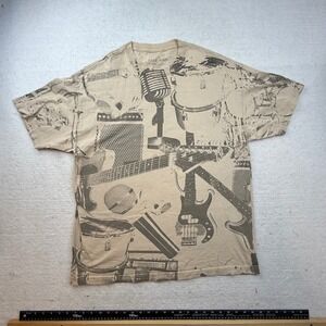 Grey Star Mens XL All Over Print Music Instrument T-Shirt Tan Cotton- spots